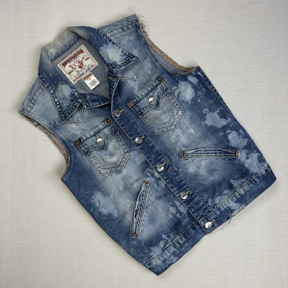 True Religion Johnny Jacket Cut Off‎ Sleeve Denim Jean Vest Women M Bleach Dye